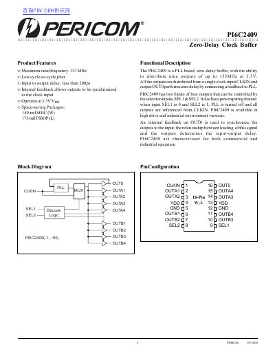 Pericom PI6C2409 Zero-Delay Clock Buffer Datasheet - cover page