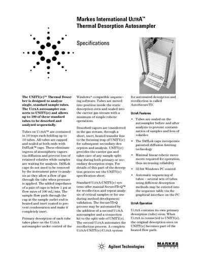 Agilent ULTRA Thermal Desorption Autosampler User Manual - cover page