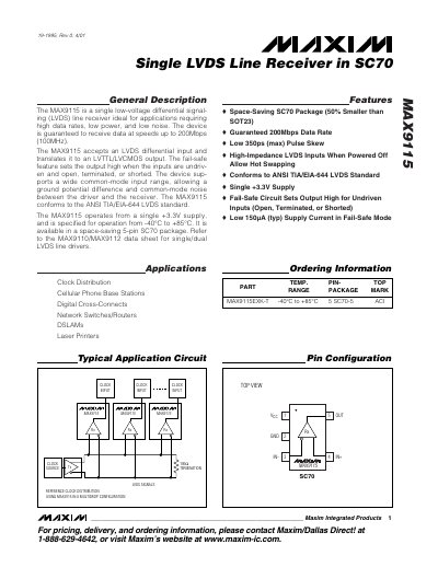 Maxim MAX9115EXK-T LVDS Line Receiver Datasheet - cover page