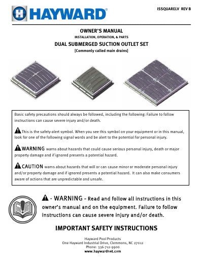 Hayward WG1033LVPAK2 Dual Suction Outlet Set Owner's Manual - cover page