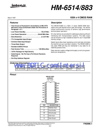 Intersil HM-6514/883 Datasheet - cover page
