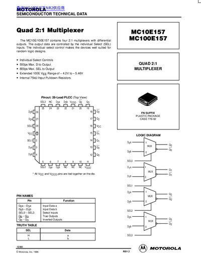 Motorola MC10E157/MC100E157 Quad 2:1 Multiplexer Datasheet - cover page