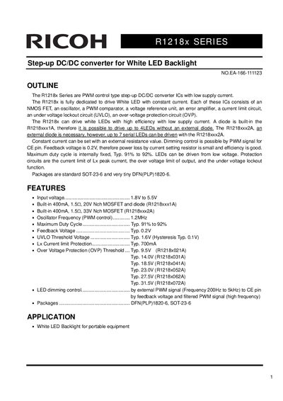 Ricoh R1218x Series Step-up DC/DC Converter Datasheet