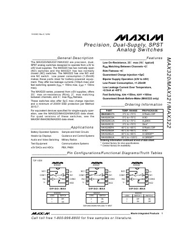Maxim MAX320/MAX321/MAX322 Precision Dual‑Supply SPST Analog Switches Datasheet - cover page