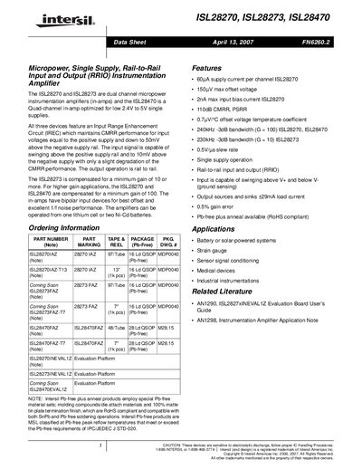 Intersil ISL28270/ISL28273/ISL28470 Instrumentation Amplifier Datasheet