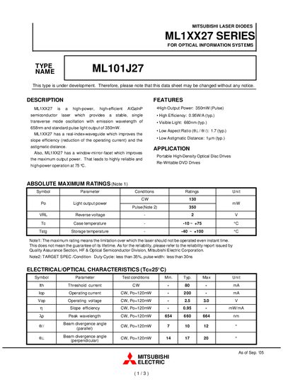 Mitsubishi ML101J27 Laser Diode Datasheet - cover page