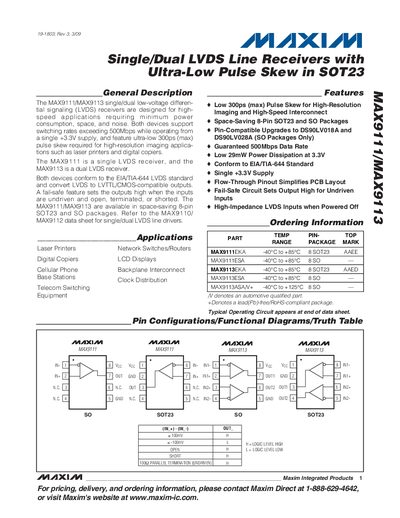 Maxim MAX9111/MAX9113 LVDS Line Receiver Datasheet - cover page