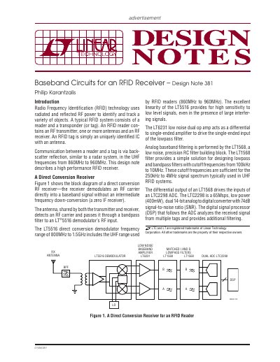 Linear Technology LT5516 RFID Receiver Baseband Circuits Design Note - cover page