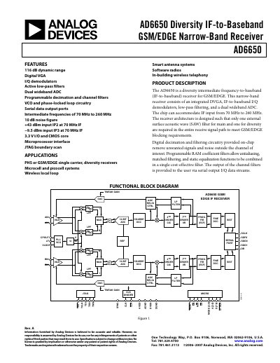 Analog Devices AD6650 IF-to-Baseband Receiver Datasheet