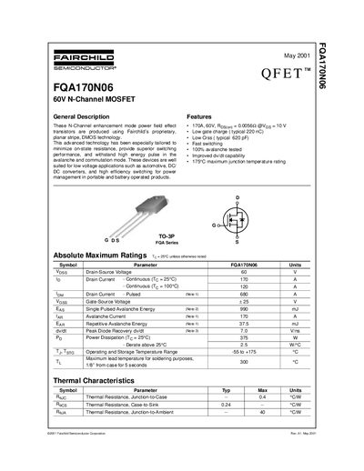 Fairchild FQA170N06 60V N-Channel MOSFET Datasheet - cover page