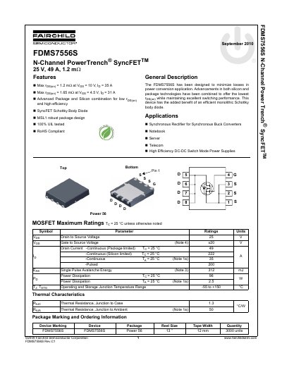 Fairchild FDMS7556S N-Channel PowerTrench SyncFET Datasheet - cover page