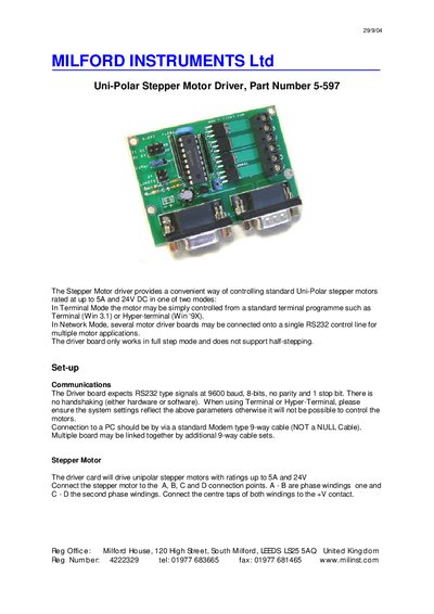Milford Instruments 5-597 Uni-Polar Stepper Motor Driver User Manual - cover page