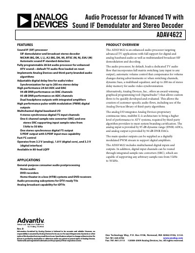 Analog Devices ADAV4622 Audio Processor Datasheet Rev B - cover page