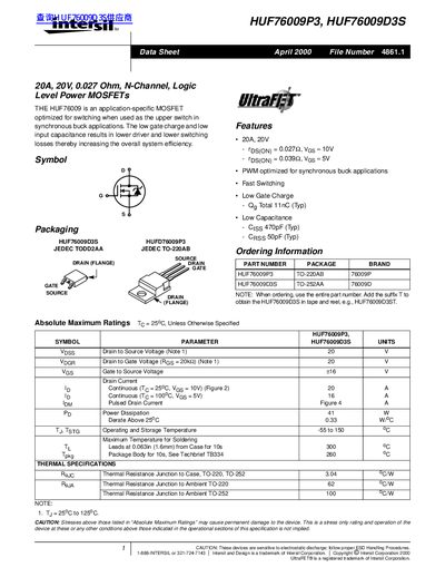 intersil HUF76009P3 HUF76009D3S handbook - cover page