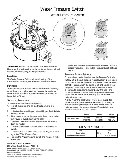 Sta-Rite Water Pressure Switch Service Manual - cover page