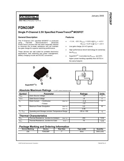 Fairchild Semiconductor FDN336P Single P-Channel MOSFET Datasheet - cover page
