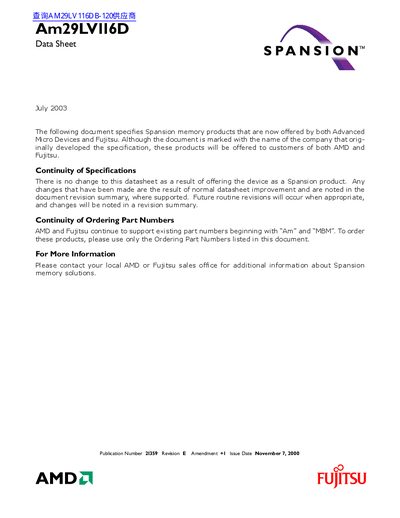 Spansion Am29LV116D 16-Mbit Flash Memory Datasheet - cover page