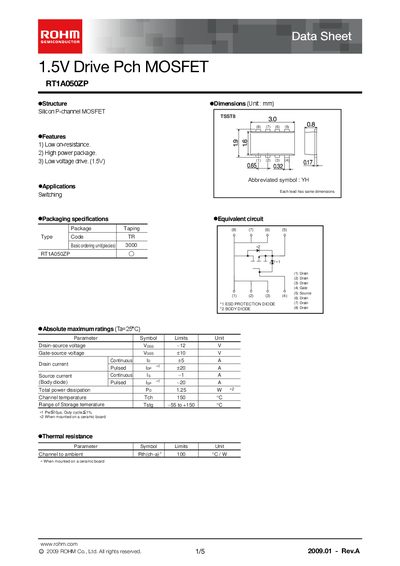 ROHM RT1A050ZP P-Channel MOSFET Data Sheet - cover page