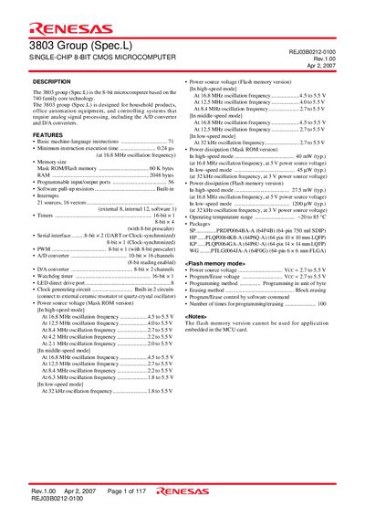 Renesas 3803 Group (Spec.L) Single‑Chip 8‑Bit CMOS Microcomputer Datasheet - cover page