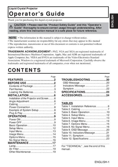 SUK Liquid Crystal Projector Operator's Guide - cover page