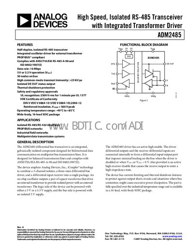 Analog Devices ADM2485 Isolated RS-485 Transceiver Datasheet - cover page