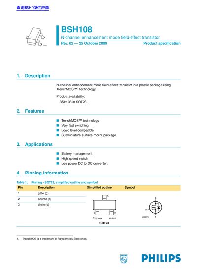 Philips BSH108 N-Channel Enhancement Mode Field-Effect Transistor Product Specification - cover page