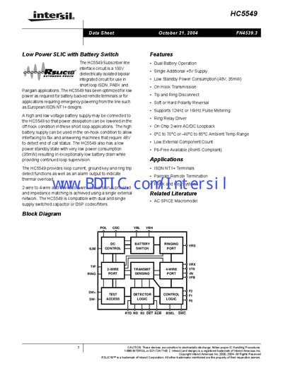 Intersil HC5549 Low Power SLIC Data Sheet - cover page