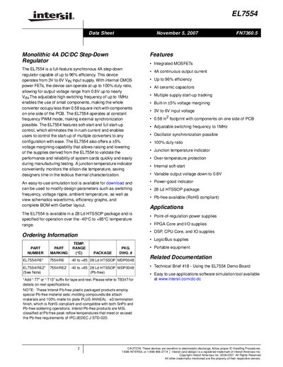 Intersil EL7554 Step-Down Regulator Datasheet - cover page