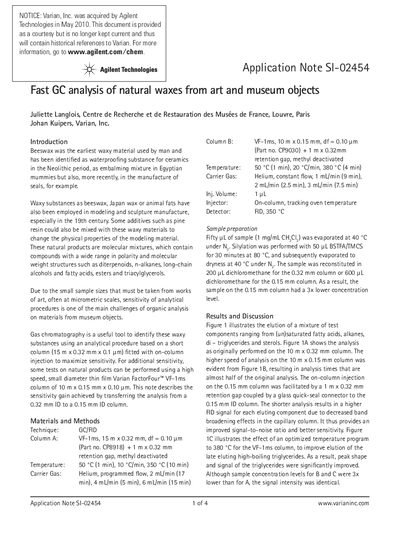 Varian Application Note SI-02454 Fast GC Analysis of Natural Waxes - cover page