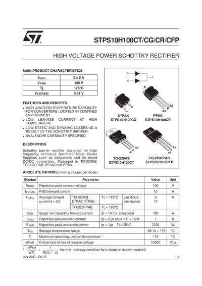 STMicroelectronics STPS10H100CT/CG/CR/CFP High Voltage Power Schottky Rectifier Datasheet - cover page