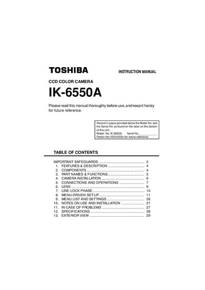 Toshiba IK-6550A CCD Color Camera Instruction Manual - cover page