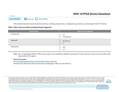 Altera MAX 10 FPGA Device Datasheet - cover page