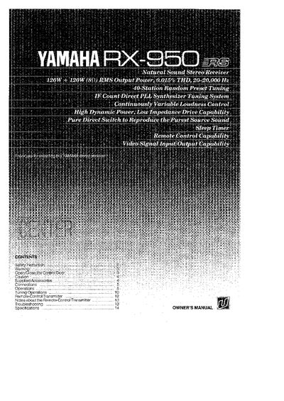Yamaha RX-950 Stereo Receiver Owner's Manual - cover page