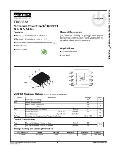 Fairchild Semiconductor FDS8638 N-Channel PowerTrench MOSFET Datasheet - cover page