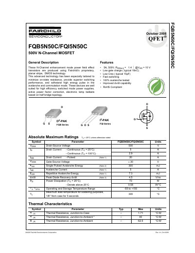 Fairchild Semiconductor FQB5N50C/FQI5N50C 500V N-Channel MOSFET Datasheet - cover page