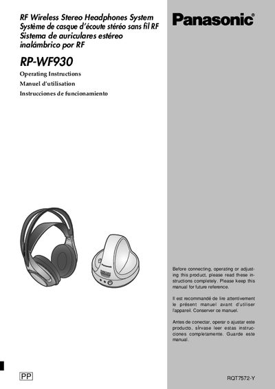 Panasonic RP-WF930 RF Wireless Stereo Headphones Operating Instructions - cover page