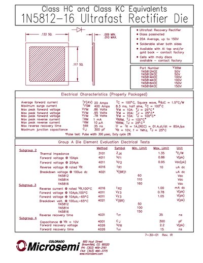Microsemi 1N5812-16 Ultrafast Rectifier Datasheet - cover page