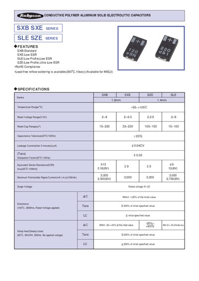 Rubycon SXB SXE SLE SZE Series Capacitor Datasheet - cover page