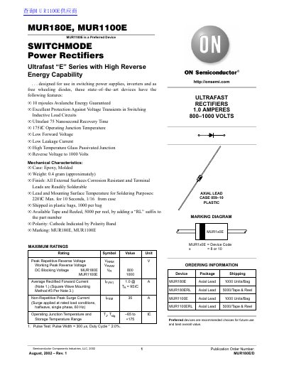 ON Semiconductor MUR180E/MUR1100E Power Rectifiers Datasheet - cover page