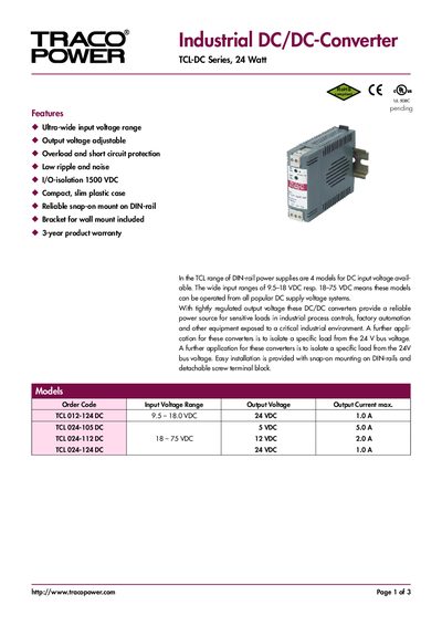 TRACOPOWER TCL-DC Series 24 Watt Industrial DC/DC-Converter Product Data Sheet - cover page