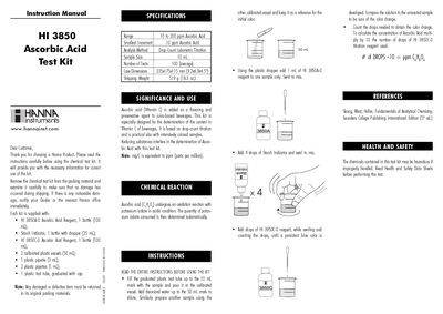 Hanna Instruments HI 3850 Ascorbic Acid Test Kit Instruction Manual - cover page