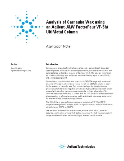 Agilent VF-5ht UltiMetal Column Carnauba Wax Analysis Application Note - cover page