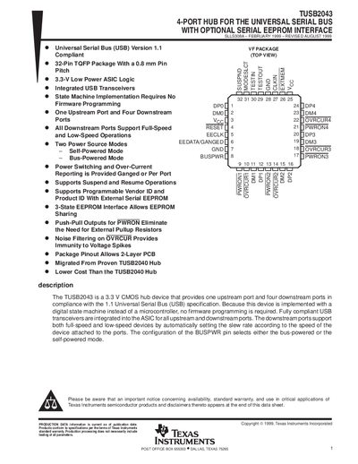 Texas Instruments TUSB2043 4-Port USB Hub with Optional Serial EEPROM Interface Datasheet - cover page