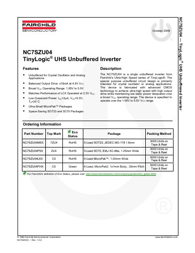 Fairchild Semiconductor NC7SZU04 TinyLogic UHS Unbuffered Inverter Datasheet - cover page
