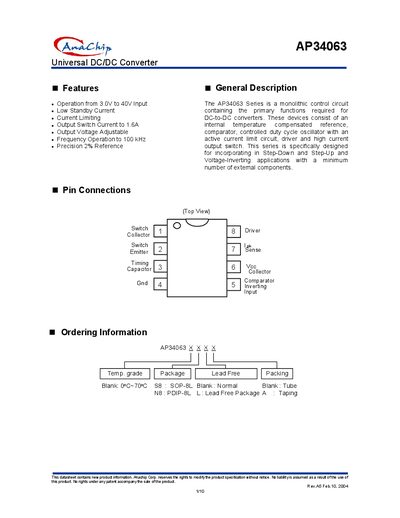 Anachip AP34063 Universal DC/DC Converter Datasheet - cover page