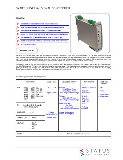 Status SEM1700 Smart Universal Signal Conditioner Manual - cover page