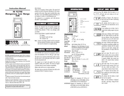 Hanna Instruments HI 93748 Manganese Low Range ISM Instruction Manual - cover page