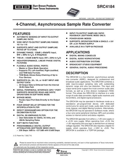 Texas Instruments SRC4184 4-Channel Asynchronous Sample Rate Converter Datasheet - cover page