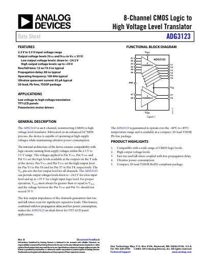 ADG3123 8-Channel CMOS Logic to High Voltage Level Translator Data Sheet - cover page