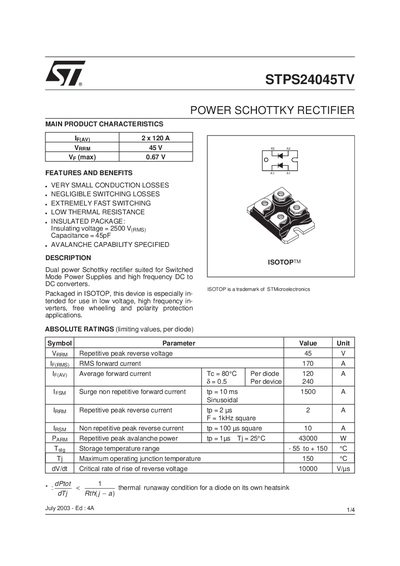 STMicroelectronics STPS24045TV Power Schottky Rectifier Datasheet - cover page